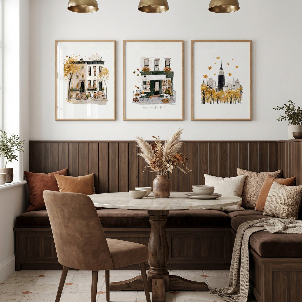 Dining Room Wall Art Decor New York Autumn Ochre Travel Prints | "Autumn in New York" | Set of 3