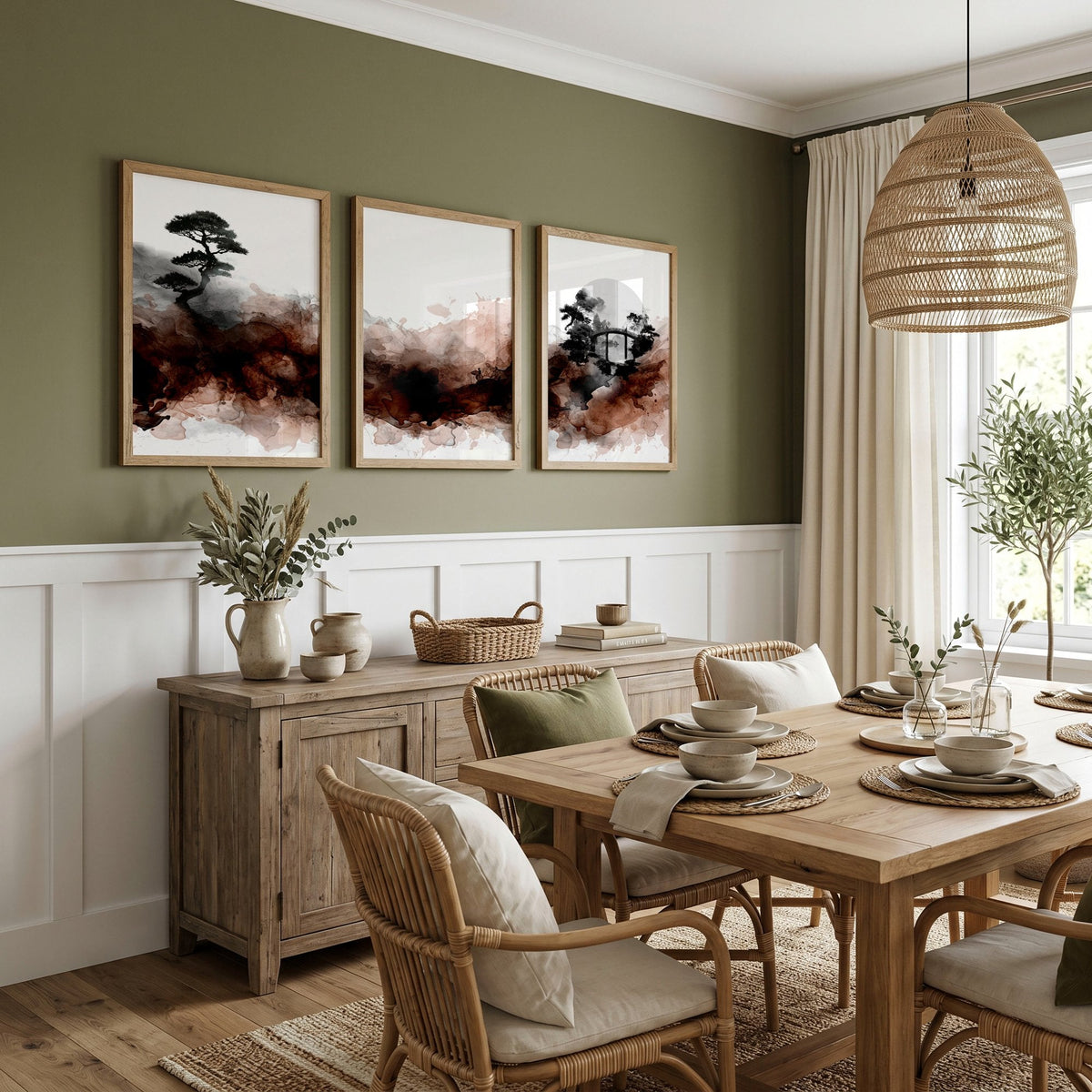 Japandi Japanese Ink Wash Landscape Dining Room Wall Art | Set of 3
