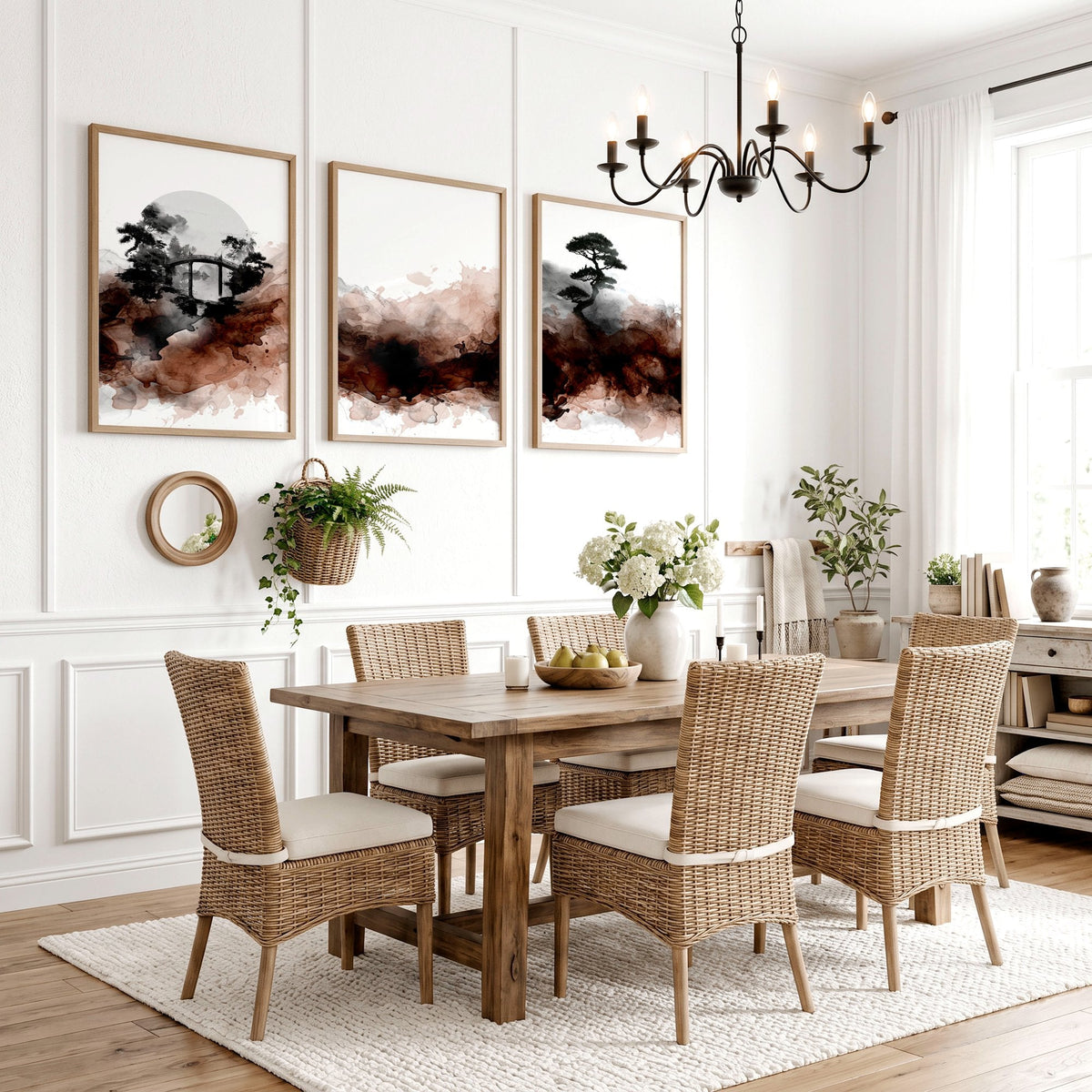Japandi Japanese Ink Wash Landscape Dining Room Wall Art | Set of 3