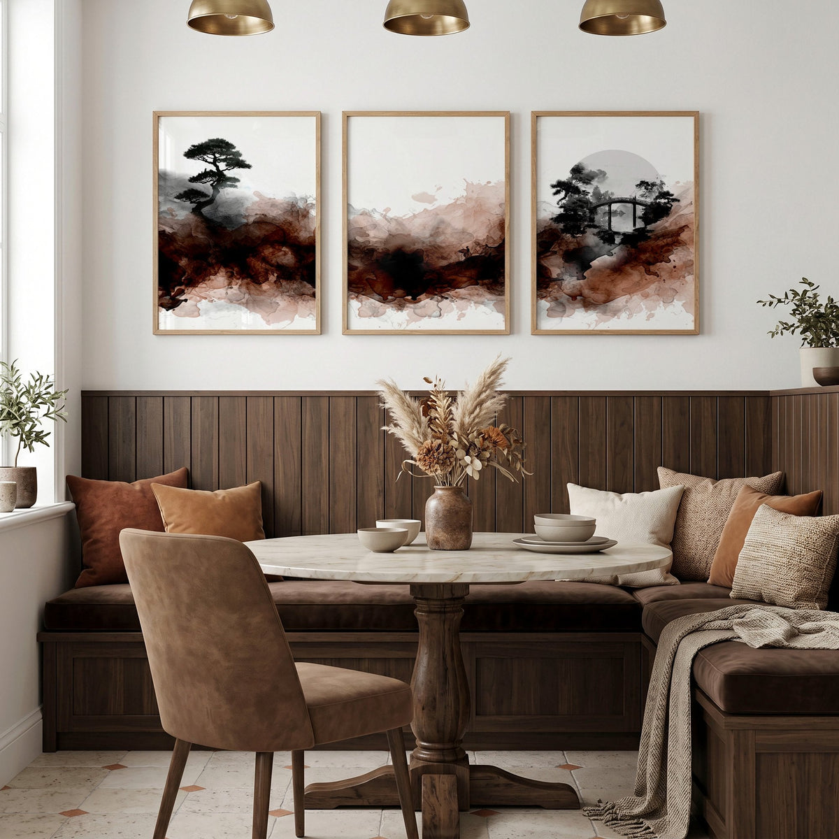 Japandi Japanese Ink Wash Landscape Dining Room Wall Art | Set of 3