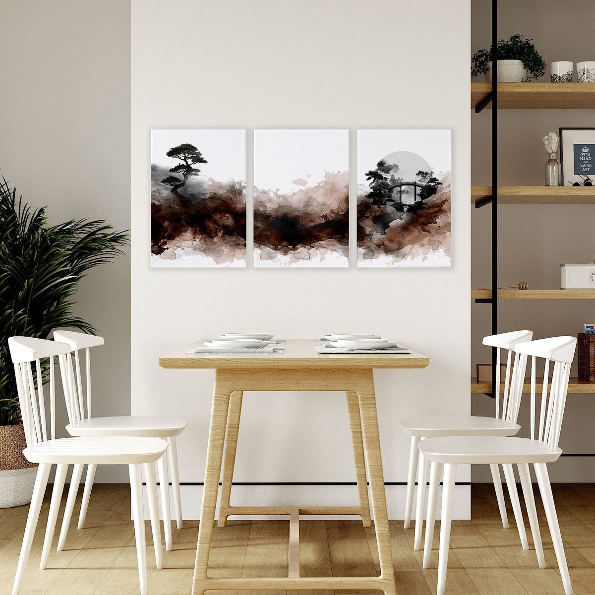 Japandi Japanese Ink Wash Landscape Dining Room Wall Art | Set of 3