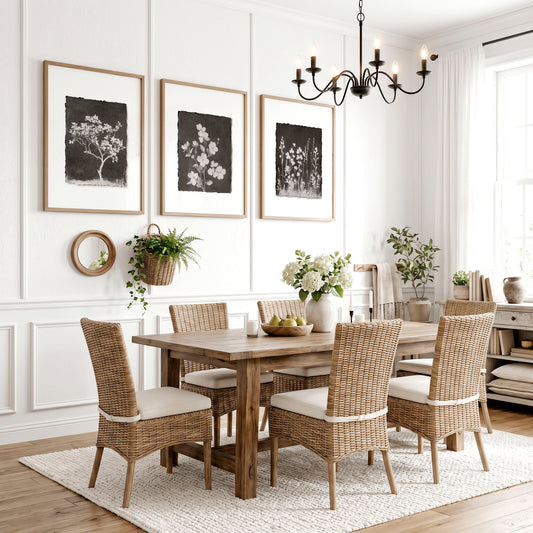 Dining Room Wall Decor French Country Botanical White Wildflowers & Blossom on Dark Brown | Set of 3