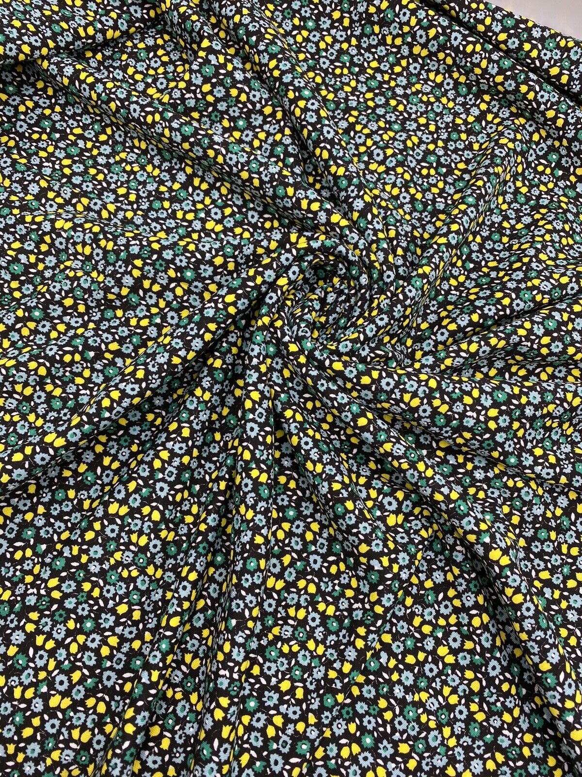 Ditsy Green & Yellow On Black Floral Print Viscose Elastane Fabric