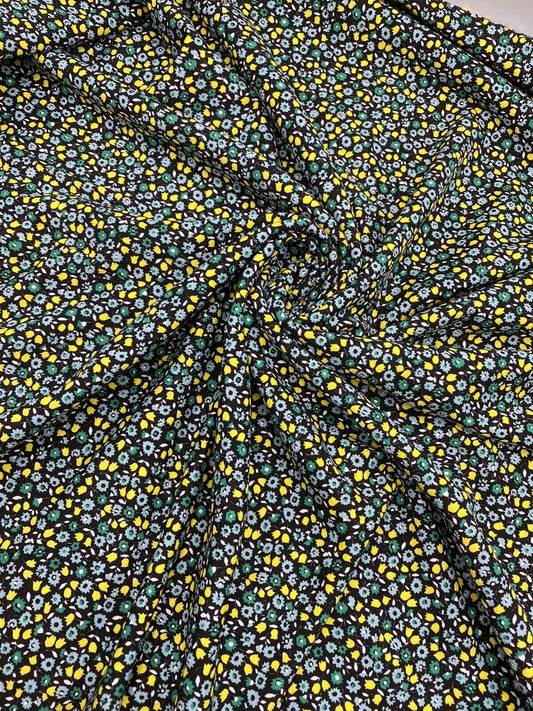 Ditsy Green & Yellow On Black Floral Print Viscose Elastane Fabric