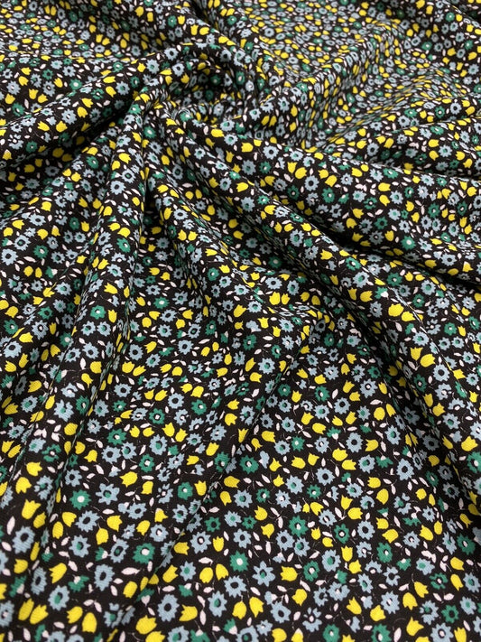 Ditsy Green & Yellow On Black Floral Print Viscose Elastane Fabric