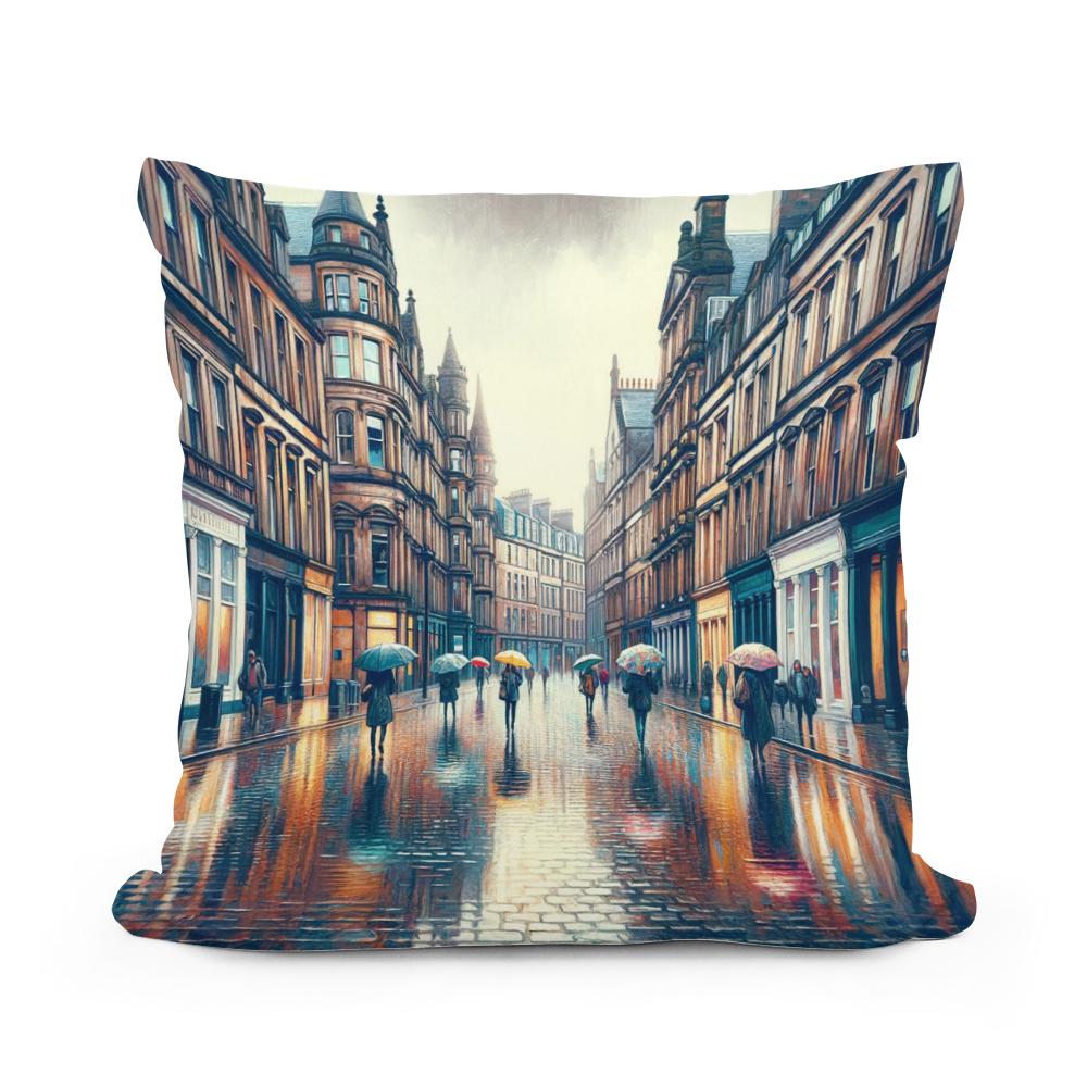 Rainy Glasgow Street Cotton Cushion