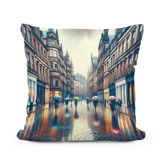 Rainy Glasgow Street Cotton Cushion