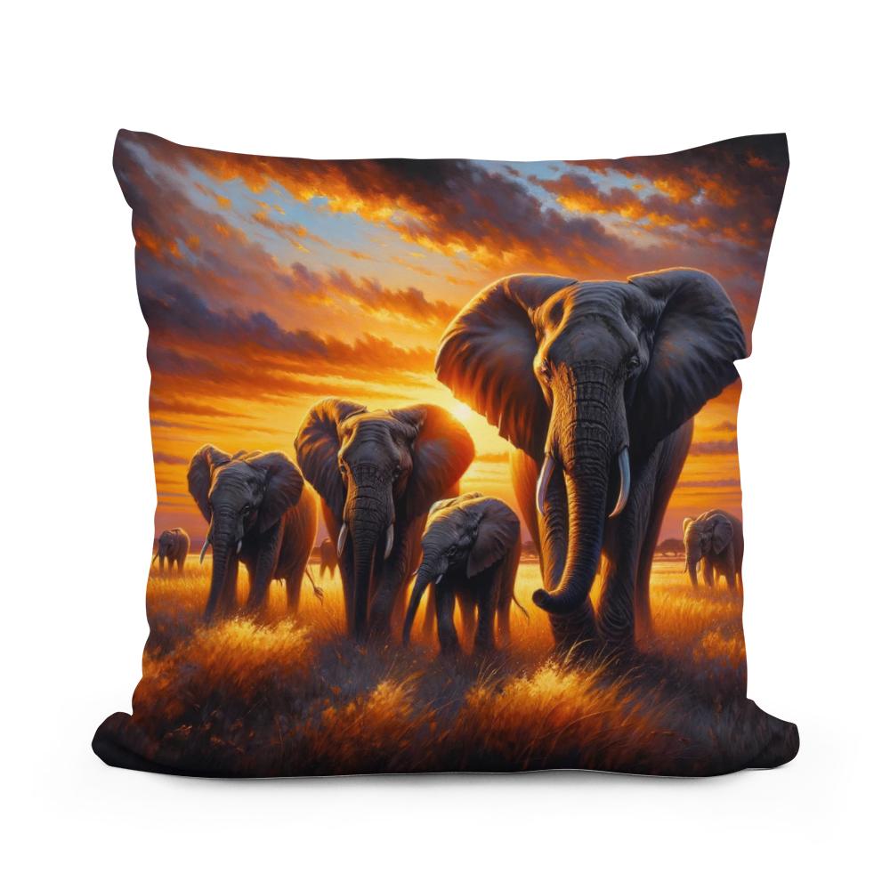 Elephant Savannah Sunset Cotton Cushion