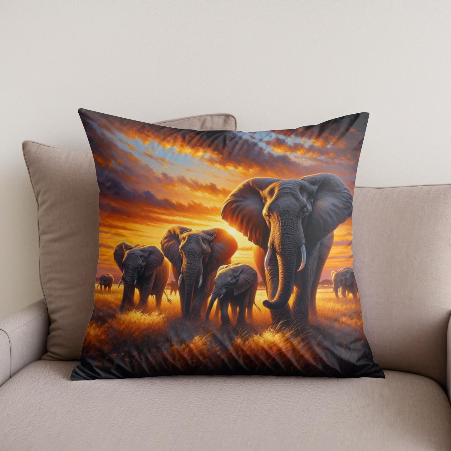 Elephant Savannah Sunset Cotton Cushion