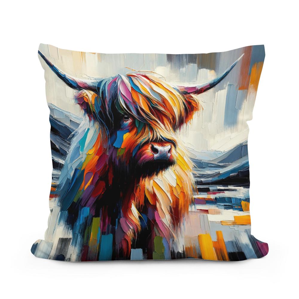 Vibrant Highland Cow Abstract Cotton Cushion