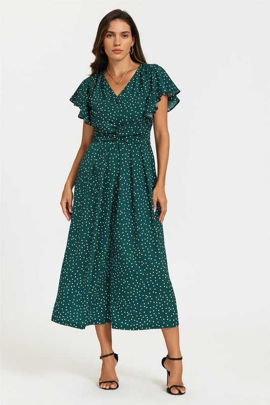 Polka Dot Angel Sleeve Twist Jumpsuit In Green