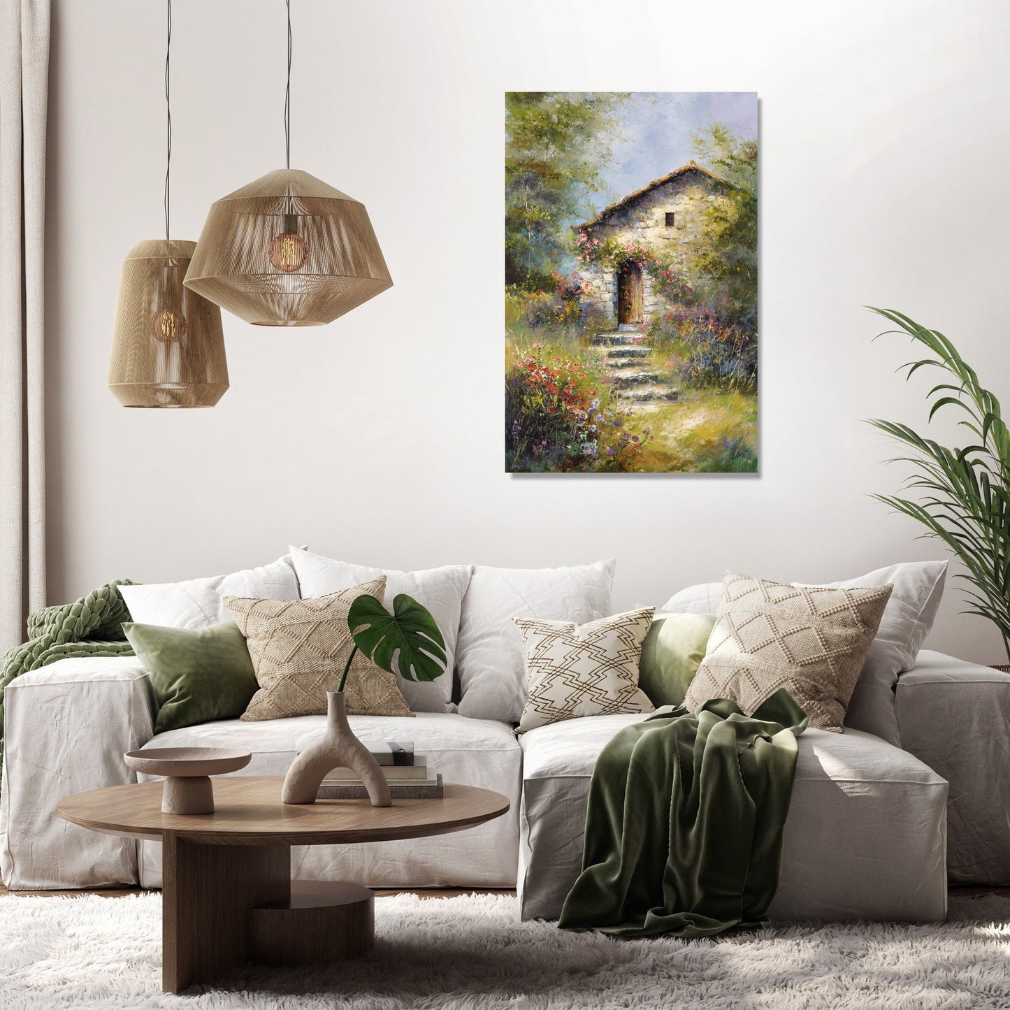 Stone Cottage on Hill Canvas