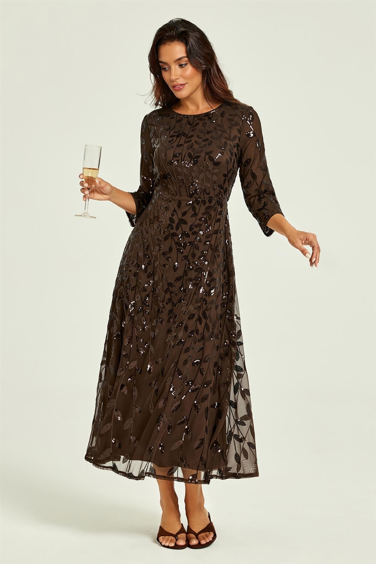 Sequin Leaf 3/4 Sleeve Bridesmaid Midi Dress In Brown