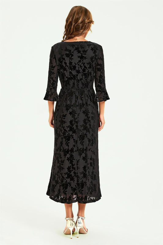 Floral Velvet Devore Lace Trim Neckline Midi Dress In Black