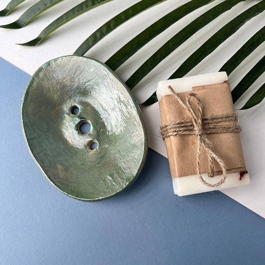 Green Ceramic Soap Dish With Drainage
