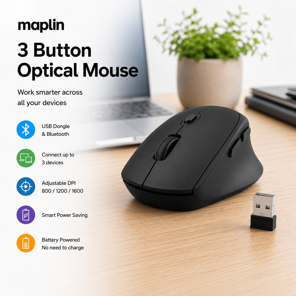 Maplin 3 Button Optical Wireless Mouse