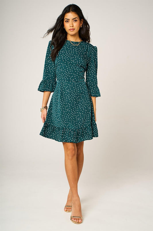 Little Dot Print Frill Detail Mini Dress In Green