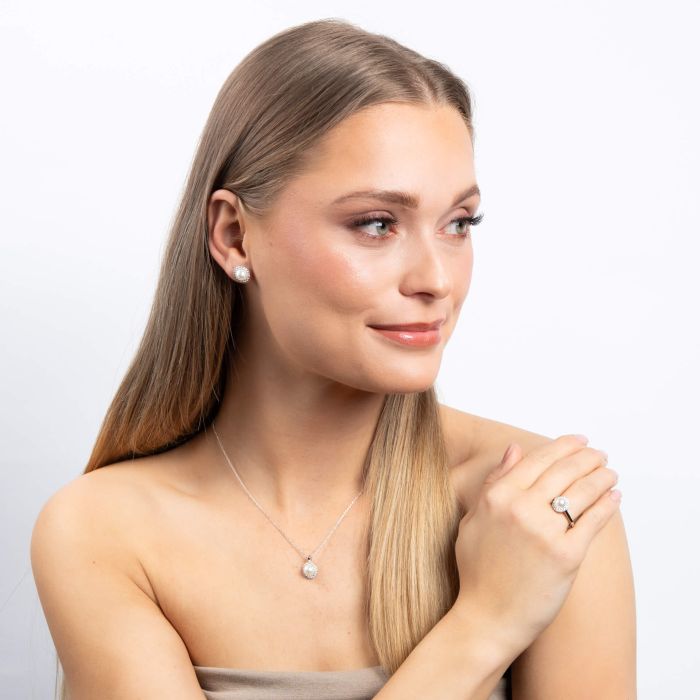 Diamonfire Shell Pearl and Zirconia Halo Stud Earrings