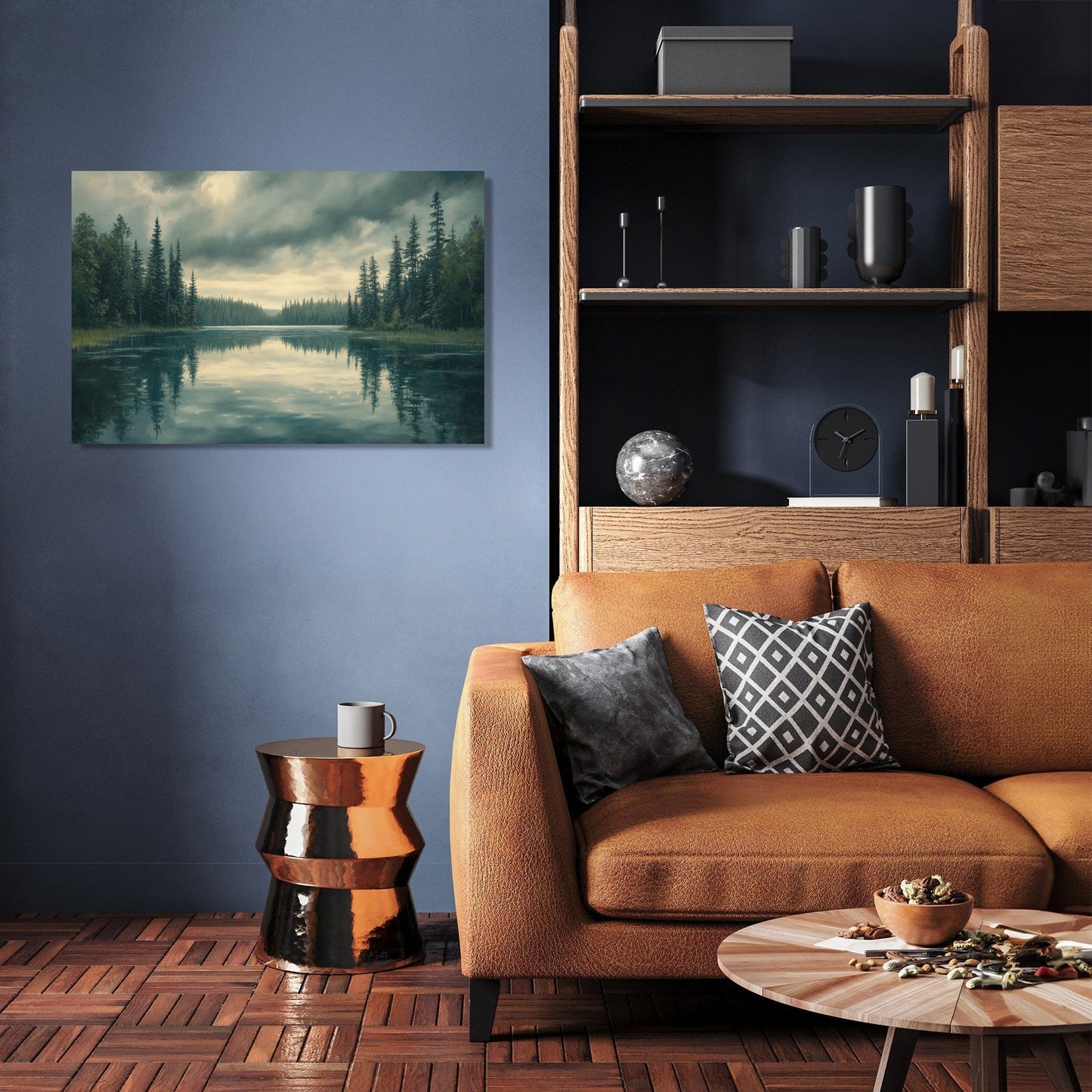 Reflective Pines under Grey Canvas