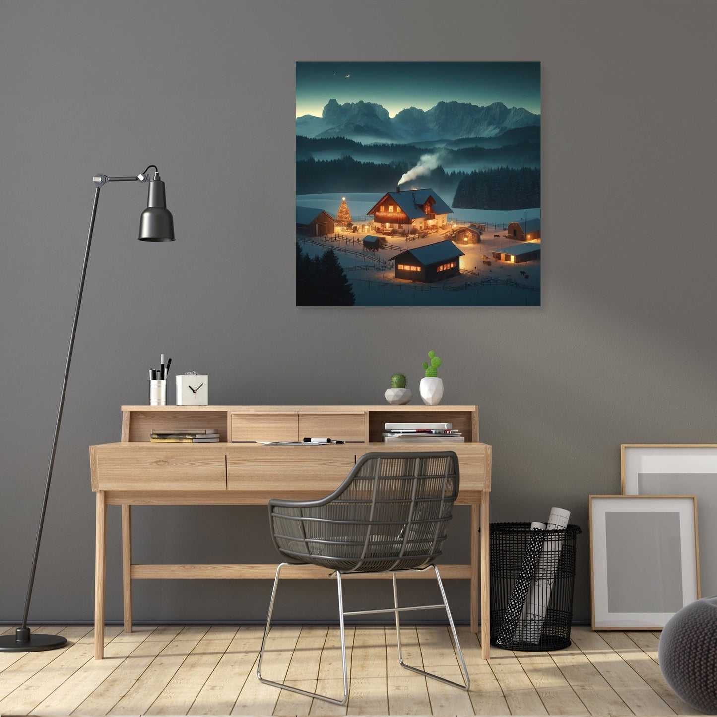 Mountain Farm Holiday Night Canvas