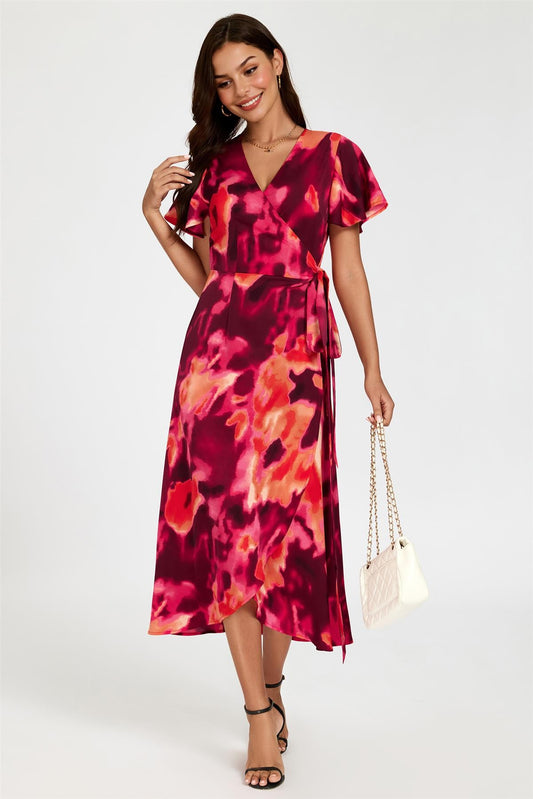 Abstract Print Wrap Maxi Dress In Burgundy