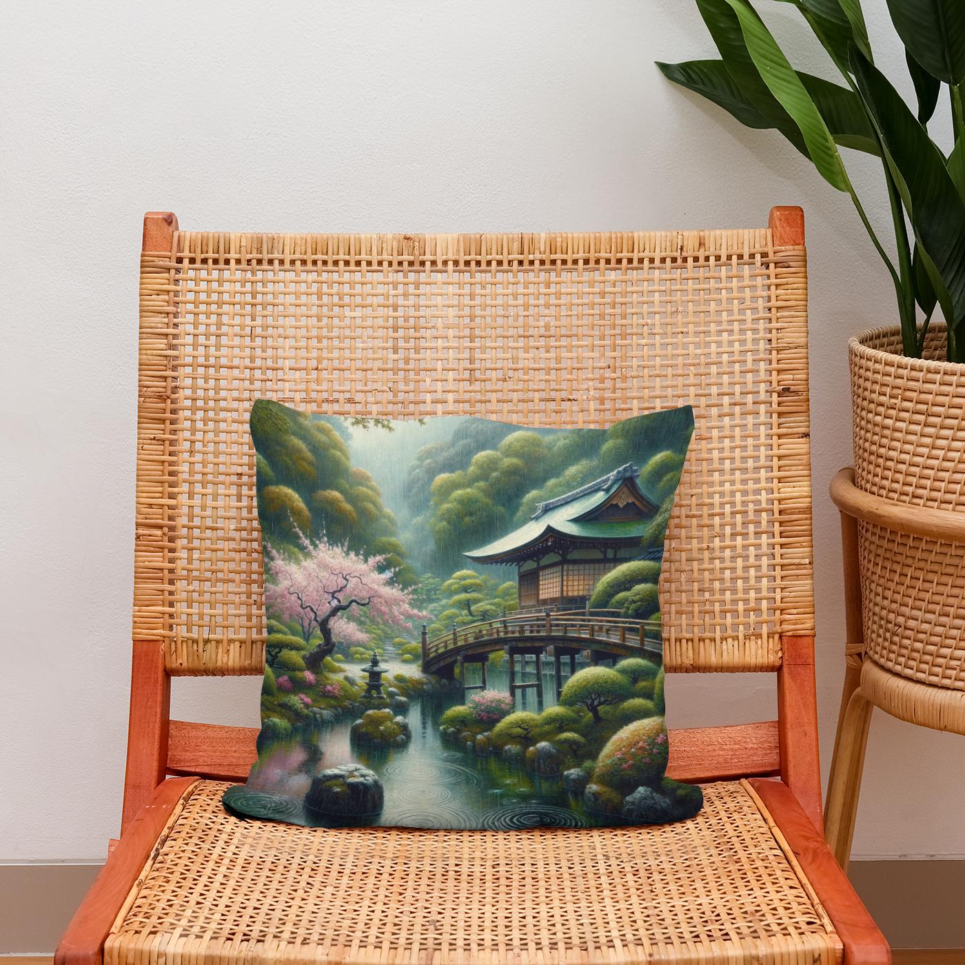 Tranquil Rain in Kyoto Cotton Cushion