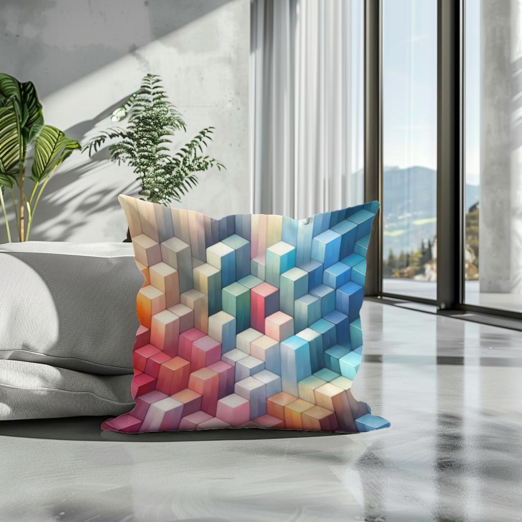 Pastel Serenity Cube Mosaic Cotton Cushion