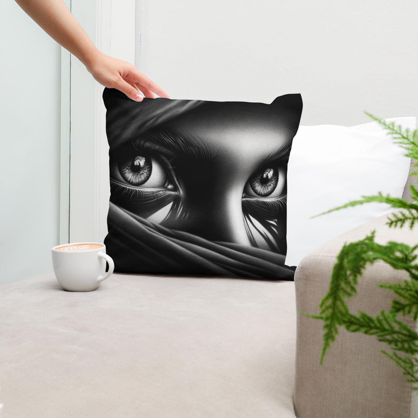 Mystery Gaze: Shadowed Eyes Cotton Cushion
