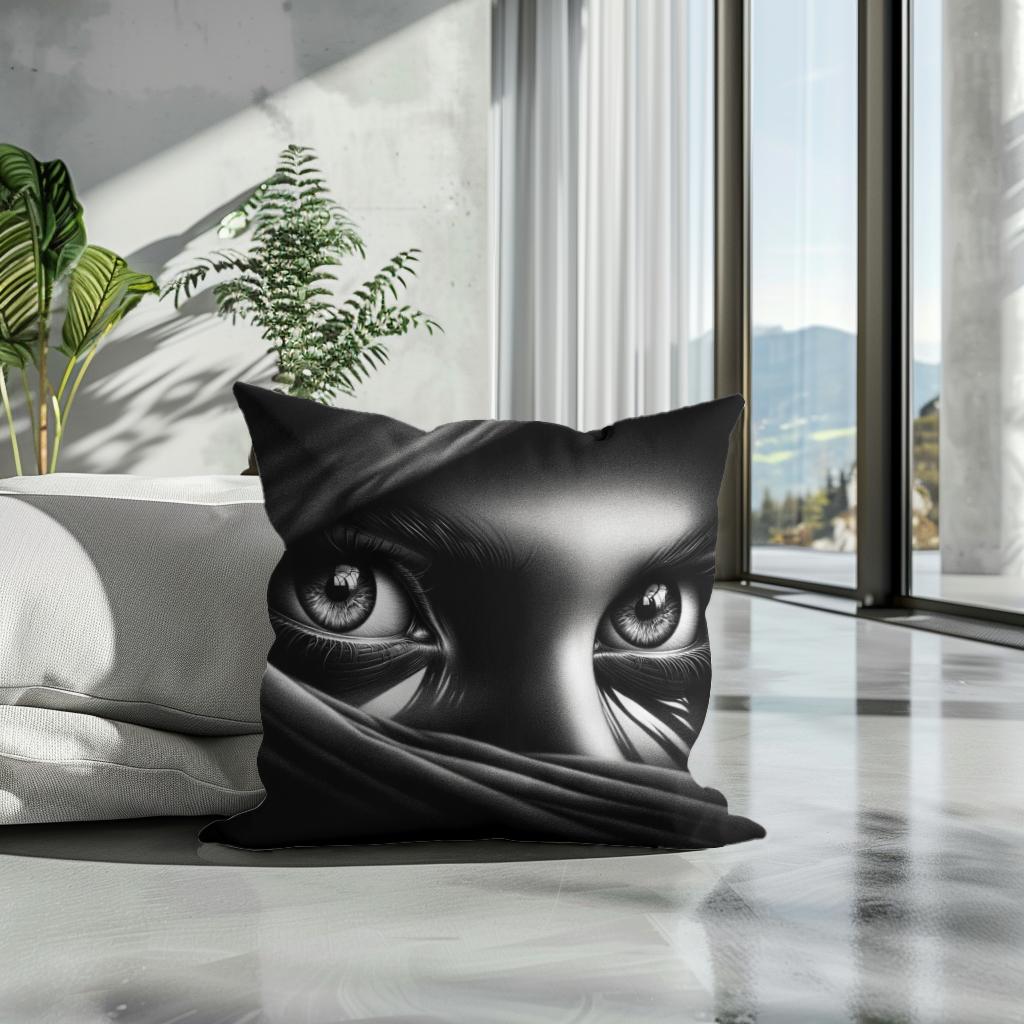 Mystery Gaze: Shadowed Eyes Cotton Cushion