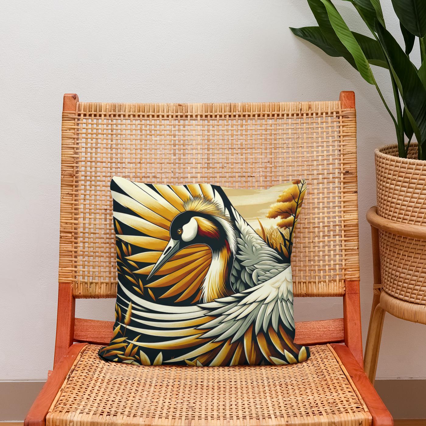 Golden Crane Elegance Cotton Cushion