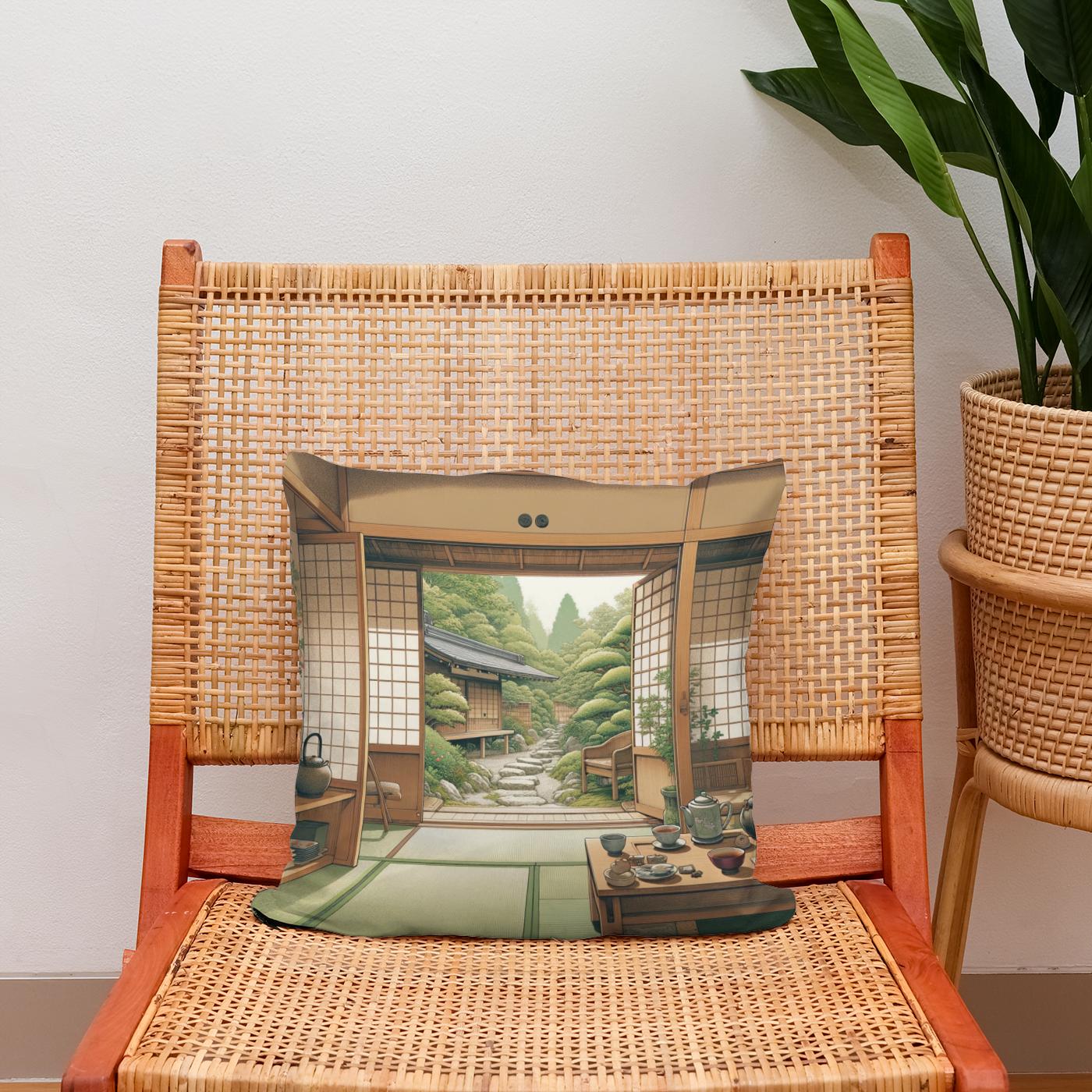 Serene Tea House Cotton Cushion