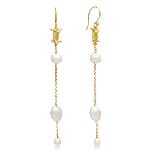 Eva Long Drop Pearl & Barbed Wire Earrings