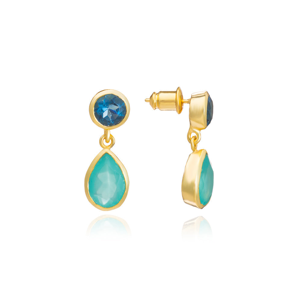 Gold Double Gemstone Drop Earrings with Pariba Onyx & Iolite