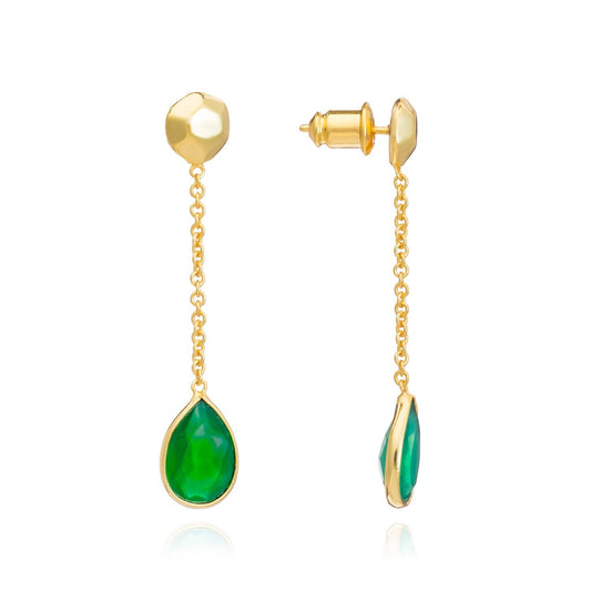 Gold Nugget Studs with Gemstone Drops Green Onyx