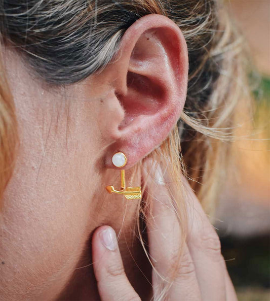 Pueblo Curved Arrow and Moonstone Ear Jacket, Gold Vermeil