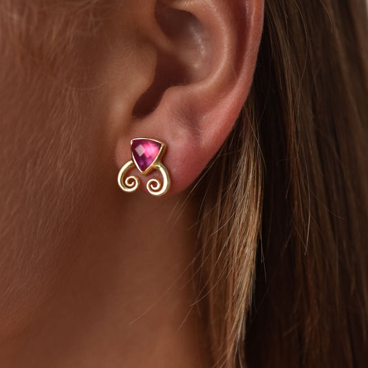 Trillion Doublet and Scroll Studs: Pyrite with Rhodolite Quartz