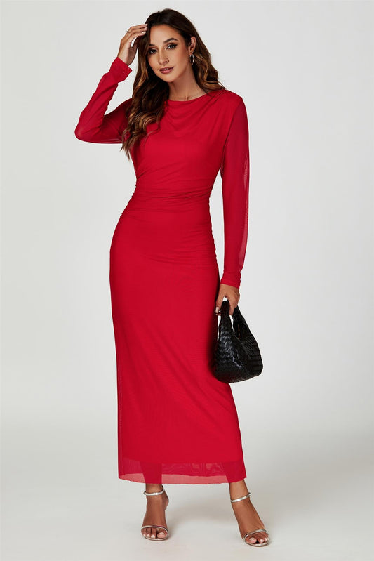 Long Sleeves Mesh Midi Dress In Red