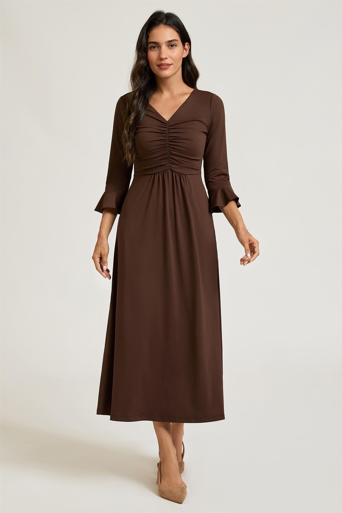 Fluted Sleeves Ruched Jersey Midi Dress In Brown