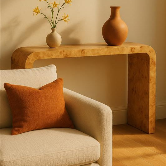Natural Burl Wood Curved Console Table with Smooth Curved Edges, Mota