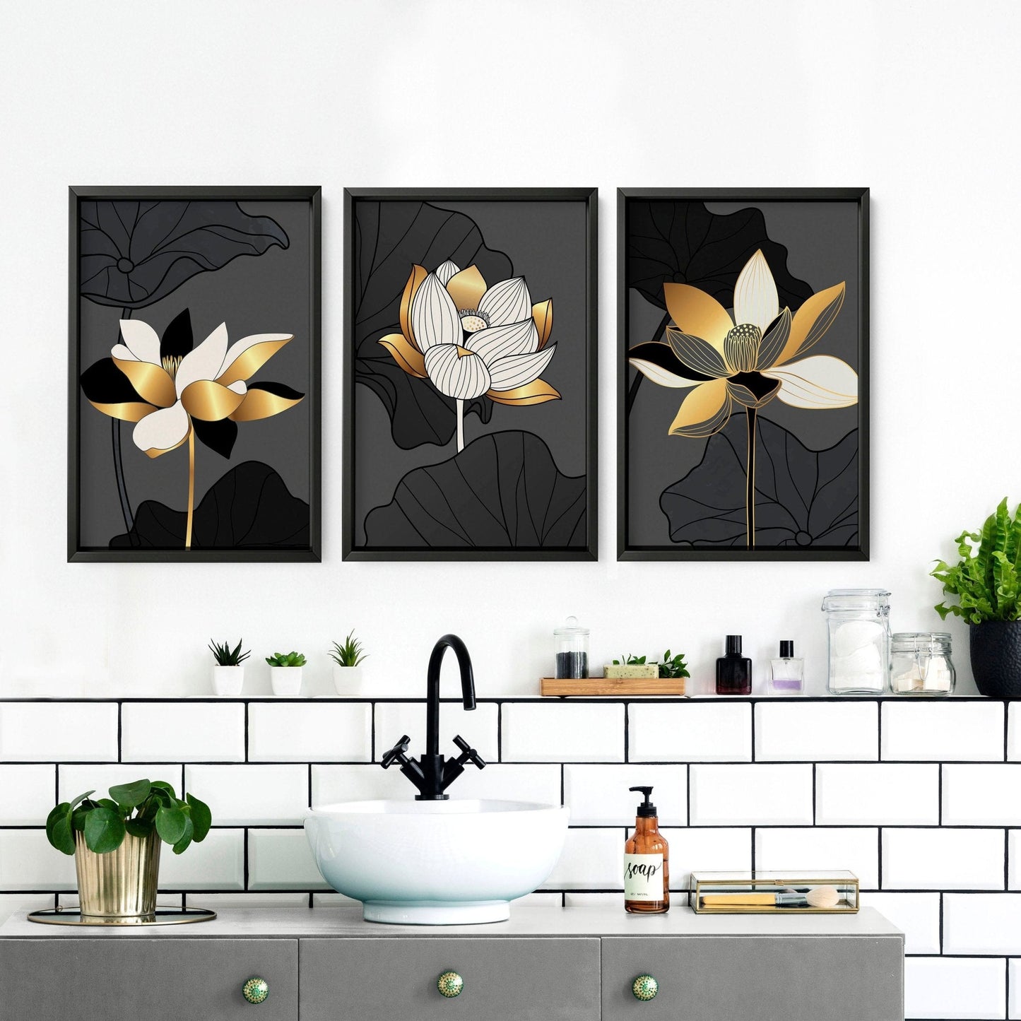 Bathroom decor black and Gold | set of 3 framed wall art