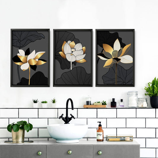 Bathroom decor black and Gold | set of 3 framed wall art