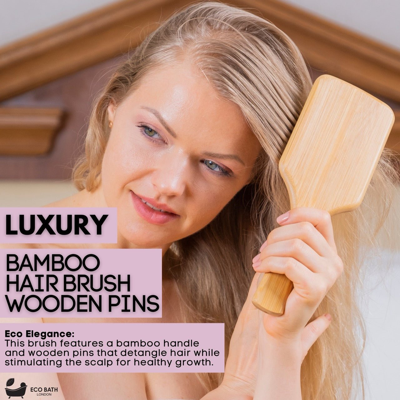 Eco Bath London Bamboo Hairbrush with Wooden Pins - Eco-Friendly Paddle Detangler for Long, Thick, and Curly Hair