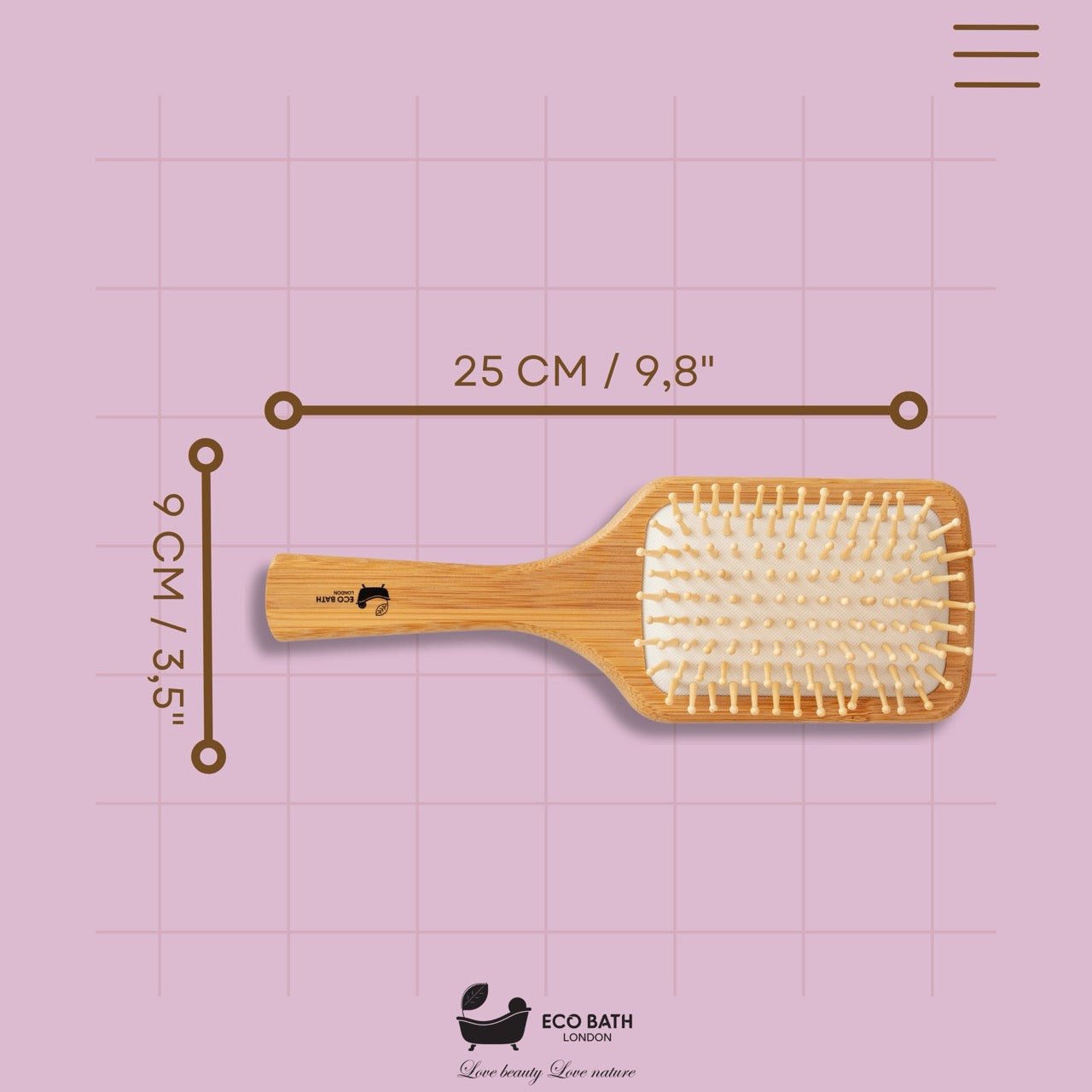 Eco Bath London Bamboo Hairbrush with Wooden Pins - Eco-Friendly Paddle Detangler for Long, Thick, and Curly Hair