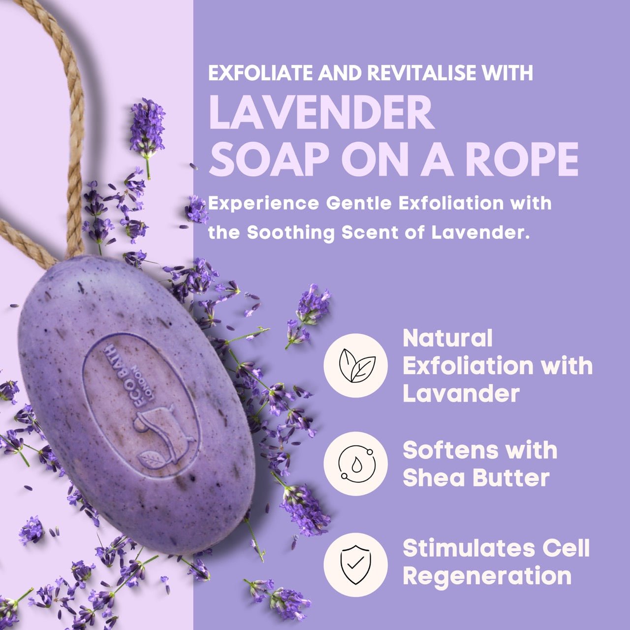 Eco Bath London Lavender Soap on a Rope 220g -  Luxurious and Eco Friendly Relaxing Body Wash Bar with Shea Butter