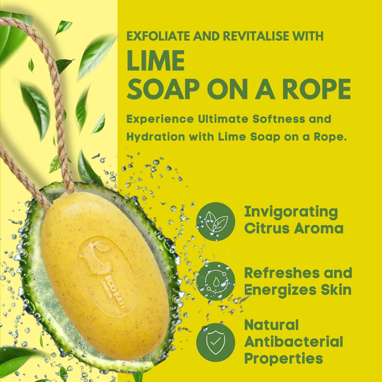 Eco Bath London Lime Soap on a Rope 220g - Luxury Eco-Friendly Lime Soap, Refreshing Body Wash Bar with Shea Butter