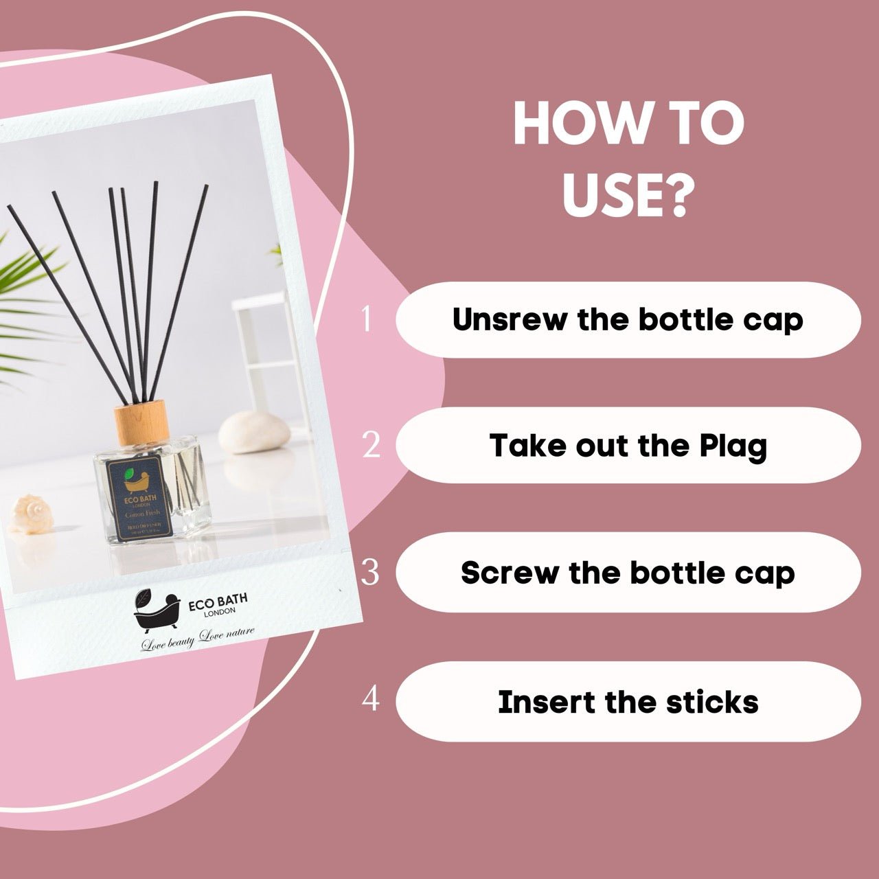 Eco Bath London Cotton Fresh Reed Diffuser 100ml (3.38 Fl.Oz) - Luxurious Calming Reed Diffuser for Home Fragrance