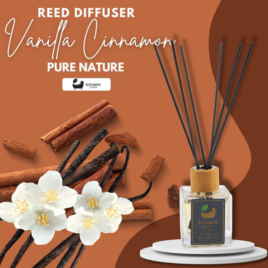 Eco Bath London Vanilla Cinnamon Reed Diffuser - Luxurious Herbal Scent of Cinnamon and Vanilla, Long Lasting Room Diffuser, 100ml (3.38 Fl.Oz)