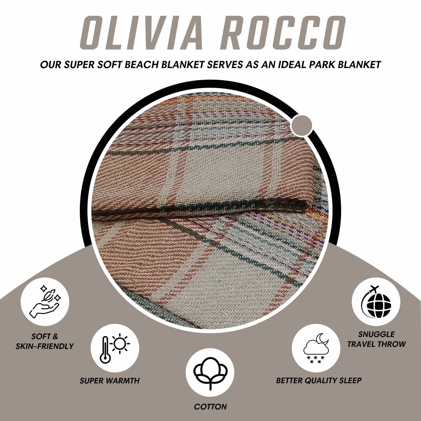 OLIVIA ROCCO Eco Friendly Recycled Cotton Picnic Blanket 130 x 150 cm Check Stripe Design Foldable And Packable For Beach Park Camping