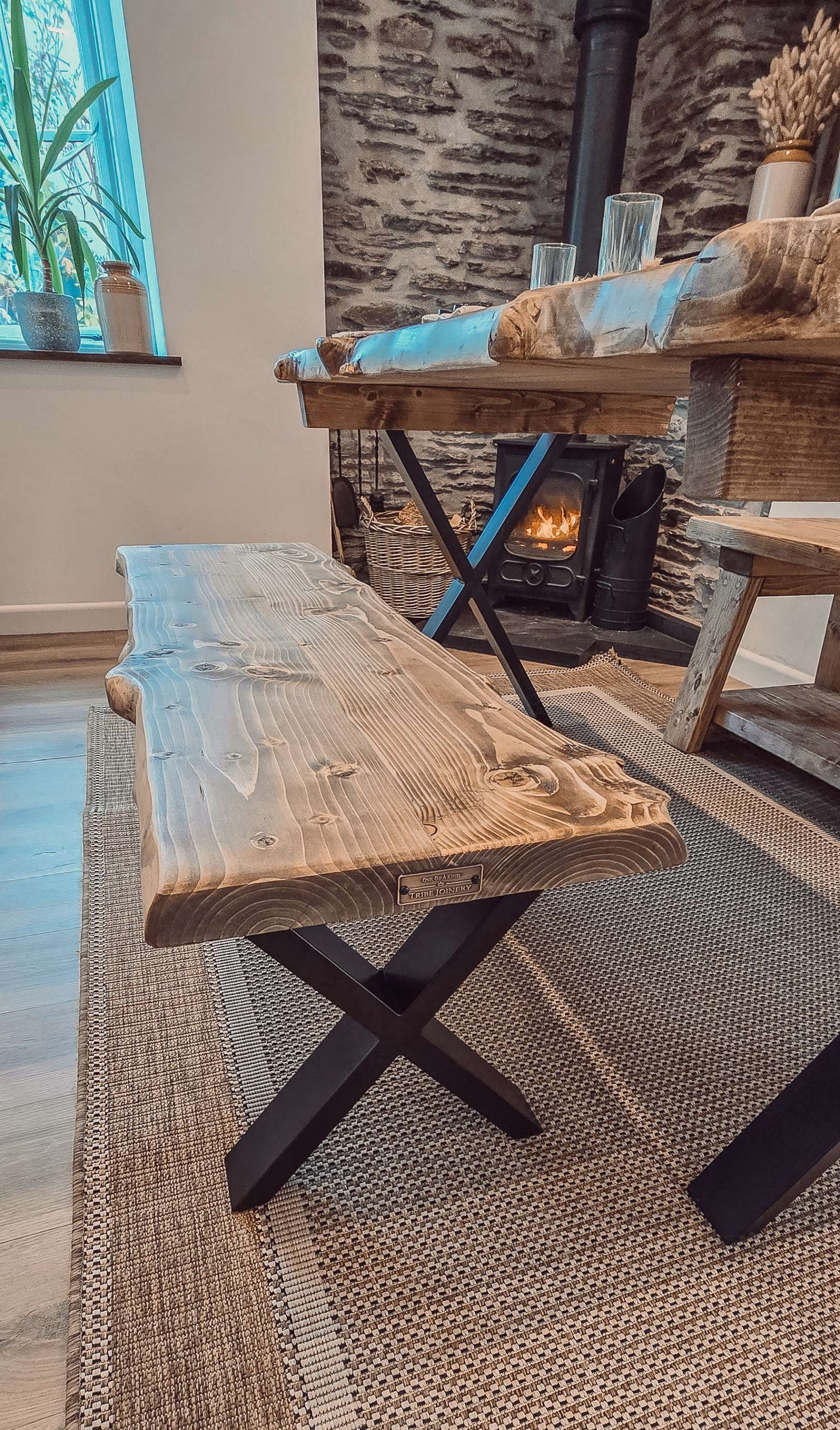 Live / Waney Edge Dining Table With Bench and X Cross Metal Legs