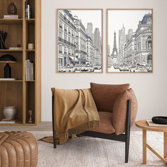 Eiffel Tower Art Paris Street Scene Line Drawing Wall Art Prints | Set of 2